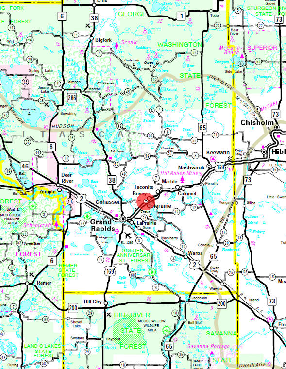 Minnesota State Highway Map of the Coleraine Minnesota area