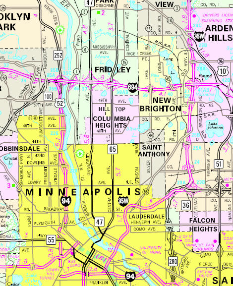 Minnesota State Highway Map of the Columbia Heights Minnesota area