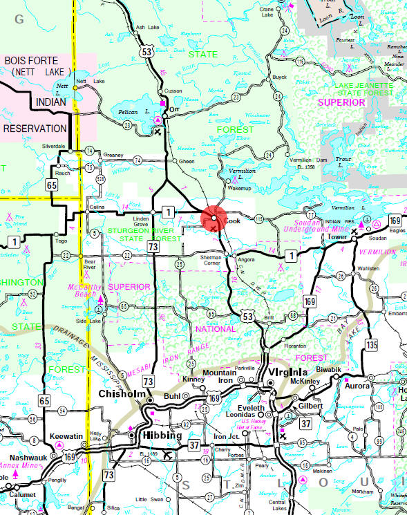 Minnesota State Highway Map of the Cook Minnesota area