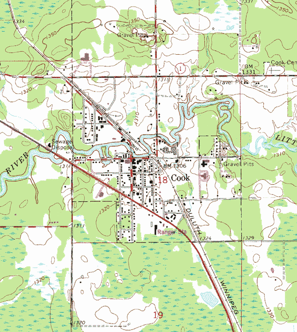 Topographic map of the Cook Minnesota area