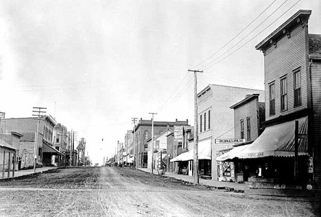 Broadway looking southwest from corner of Second Street, Crookston, 1900