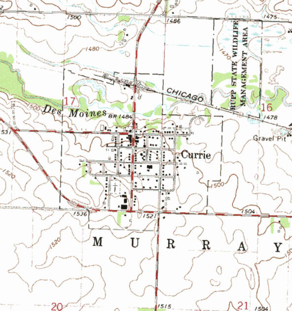 Topographic map of the Currie Minnesota area