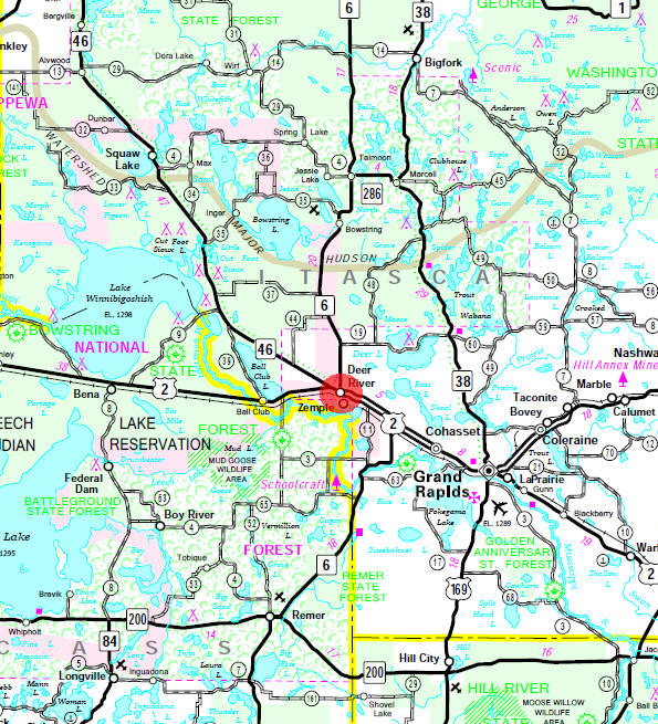 Minnesota State Highway Map of the Deer River Minnesota area