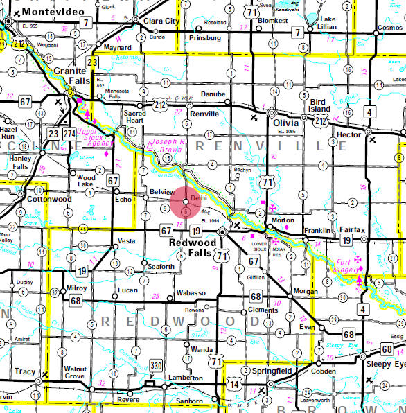 Minnesota State Highway Map of the Delhi Minnesota area