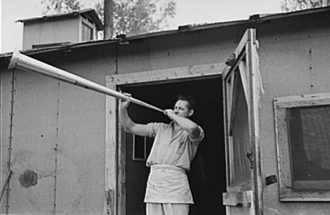 Camp cook blowing dinner horn, at camp near Effie, Minnesota, 1937