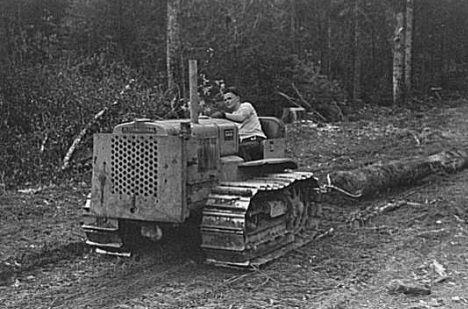 Caterpillar drawing logs through the woods at camp near Effie, Minnesota, 1937