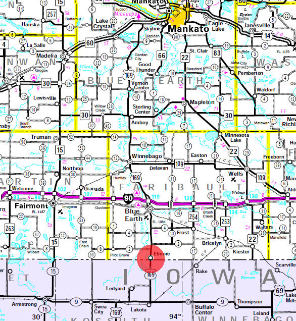Minnesota State Highway Map of the Elmore Minnesota area