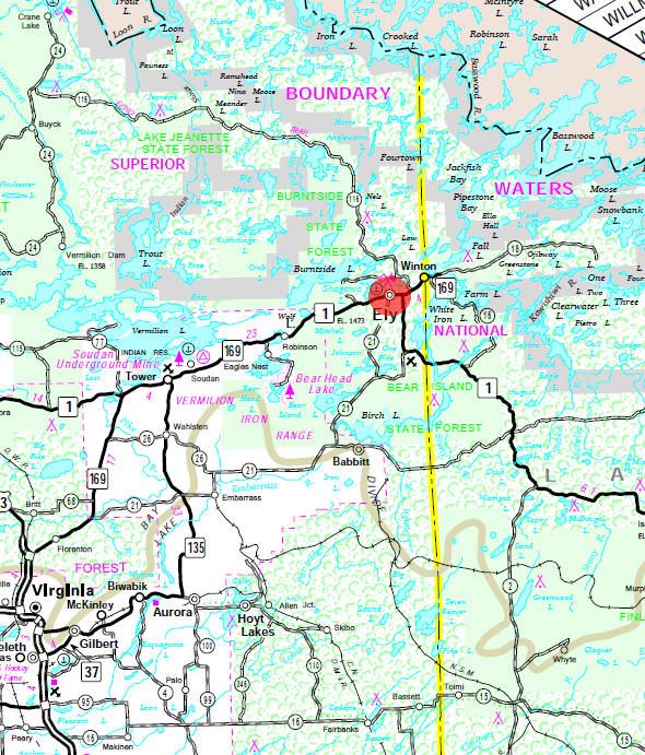 Minnesota State Highway Map of the Ely Minnesota area