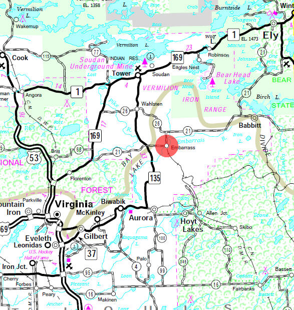 Minnesota State Highway Map of the Embarrass Minnesota area