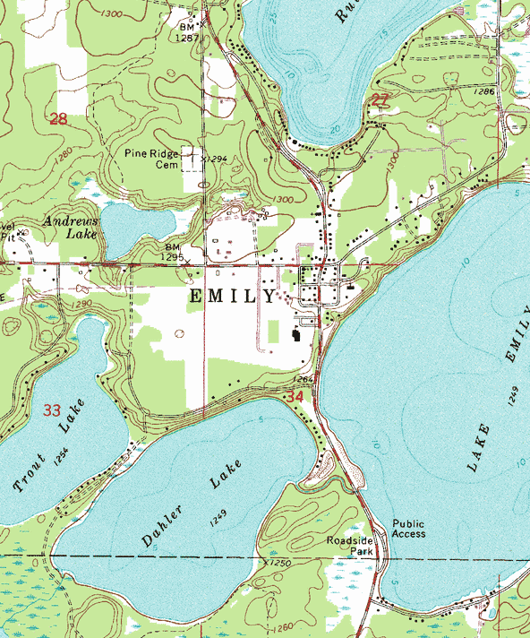 Topographic map of the Emily Minnesota area