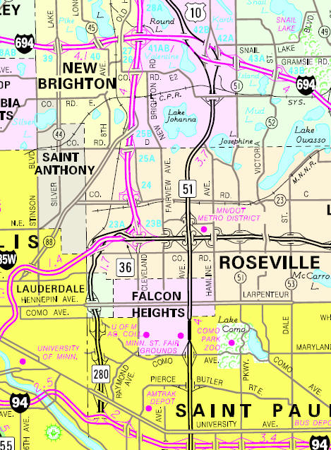 Minnesota State Highway Map of the Falcon Heights Minnesota area