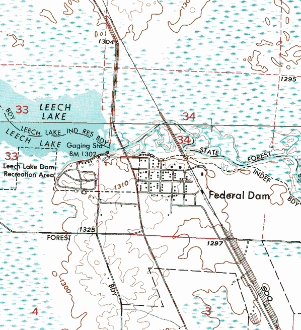 Topographic map of the Federal Dam Minnesota area