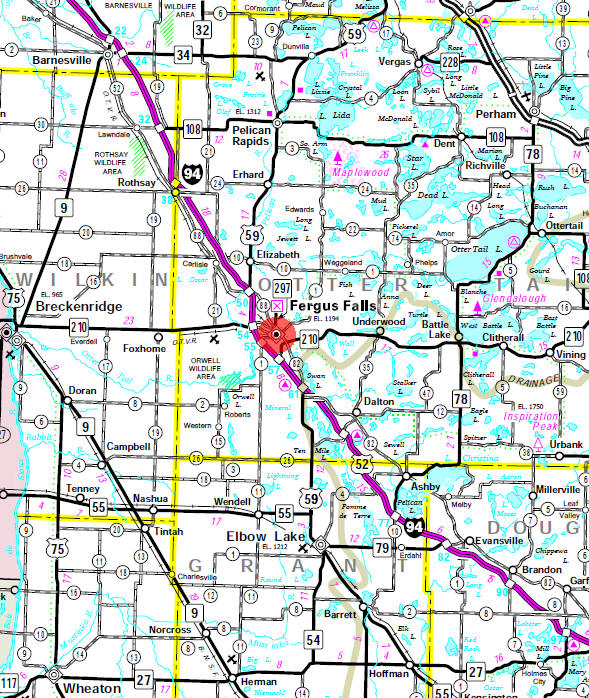 Minnesota State Highway Map of the Fergus Falls Minnesota area