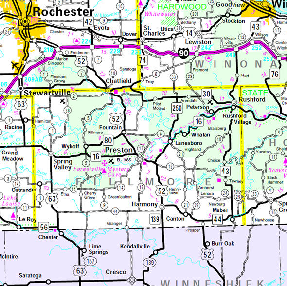 Minnesota State Highway Map of the Fillmore County Minnesota area