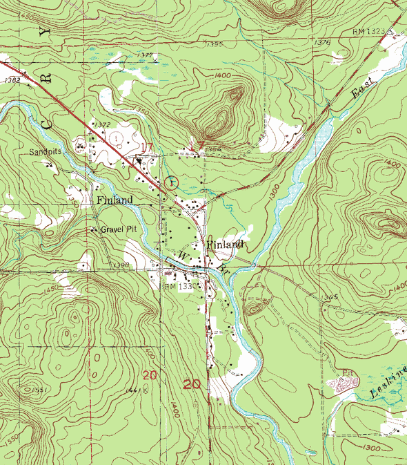 Topographic map of the Finland Minnesota area