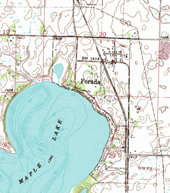 Topographic map of Forada Minnesota area