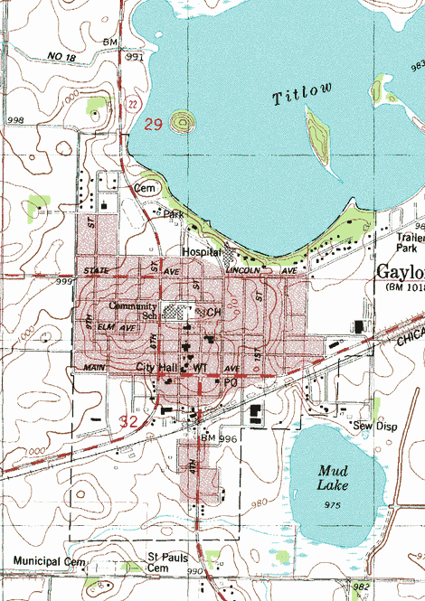 Topographic map of the Gaylord Minnesota area