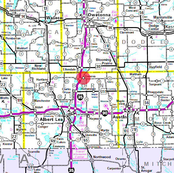 Minnesota State Highway Map of the Geneva Minnesota area