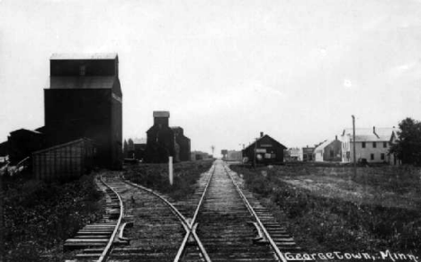 Grain elevator and railroad tracks, Georgetown Minnesota, 1907?