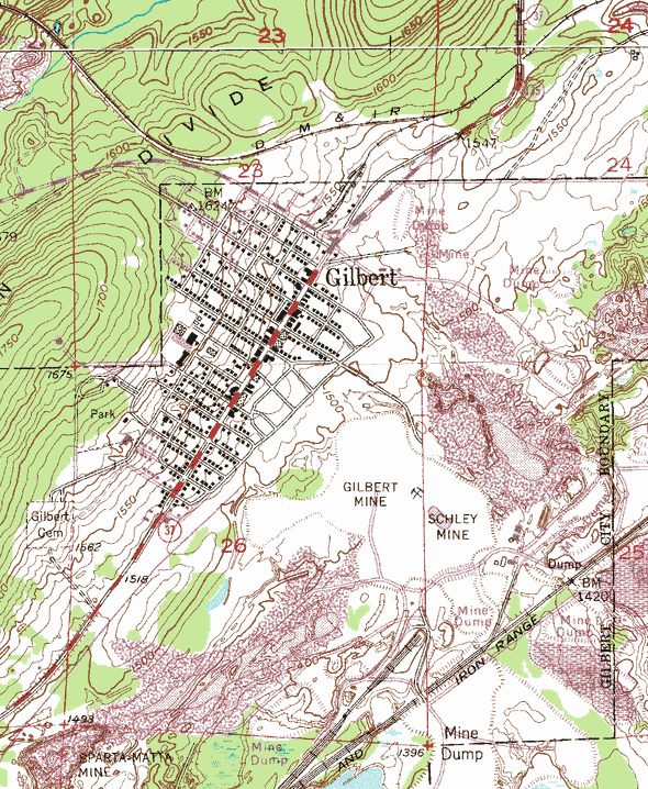 Topographic map of the Gilbert Minnesota area