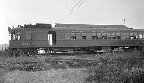 Minnesota Northwestern Electric Railway Company train on tracks between Thief River Falls and Goodridge, 1921