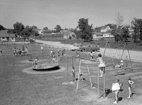 Playground at Blandin Park beach, Grand Rapids Minnesota, 1955