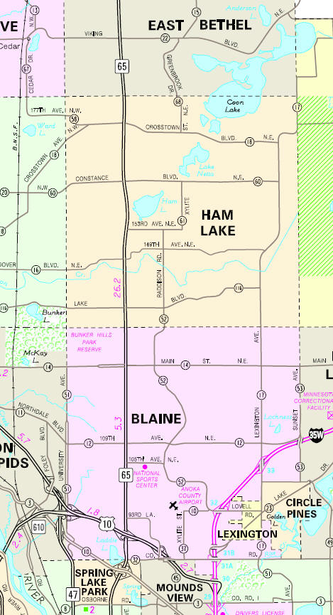 Minnesota State Highway Map of the Ham Lake Minnesota area