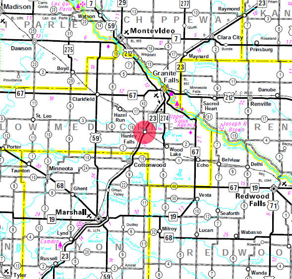 Minnesota State Highway Map of the Hanley Falls Minnesota area