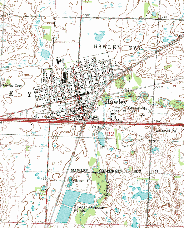 Topographic map of the Hawley Minnesota area