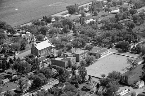 Aerial view, Church, school and surrounding area, Holdingford Minnesota, 1969