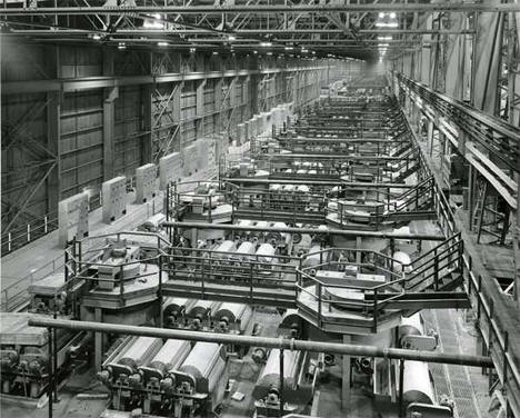 Interior of concentrator building with rod mills at Erie Mining Company, Hoyt Lakes Minnesota, 1950