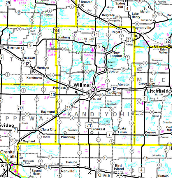 Minnesota State Highway Map of the Kandiyohi County Minnesota area