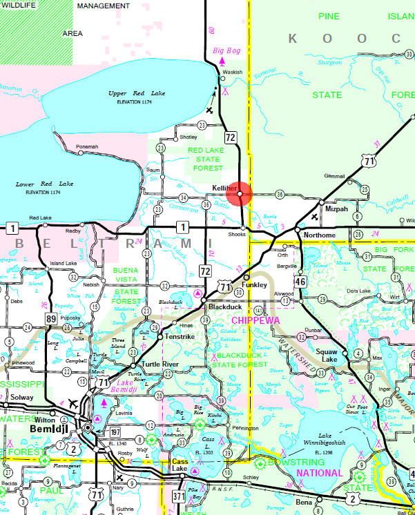 Minnesota State Highway Map of the Kelliher Minnesota area