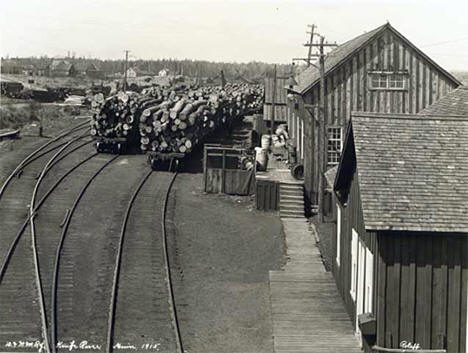 Duluth & Northern Minnesota Railway flatcars loaded with logs at Knife River Minnesota, 1915