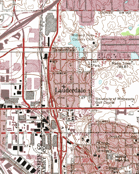Topographic map of the Lauderdale Minnesota area
