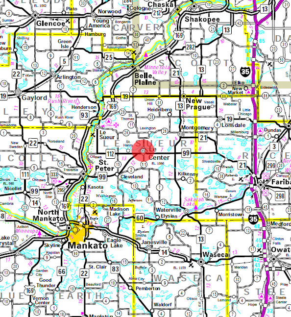 Minnesota State Highway Map of the Le Center Minnesota area