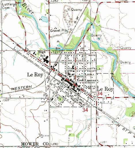 Topographic map of the  Le Roy Minnesota area
