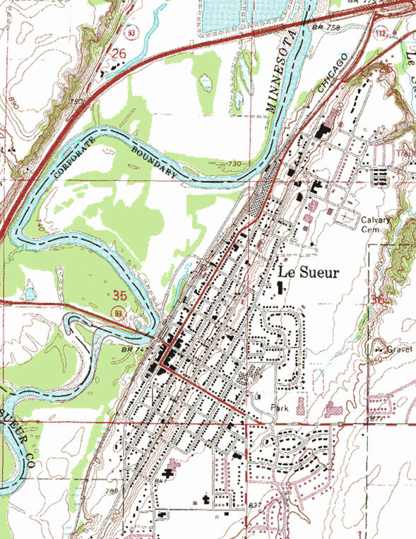 Topographic map of the Le Sueur Minnesota area