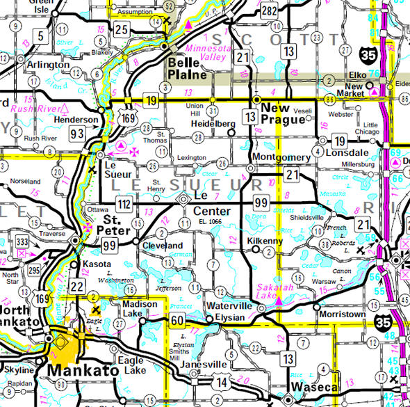 Minnesota State Highway Map of the Le Sueur County Minnesota area