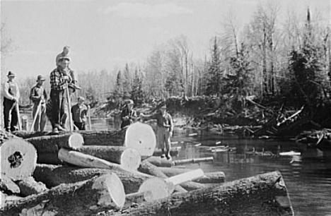 Lumberjacks rolling logs into river, near Littlefork, Minnesota, 1937