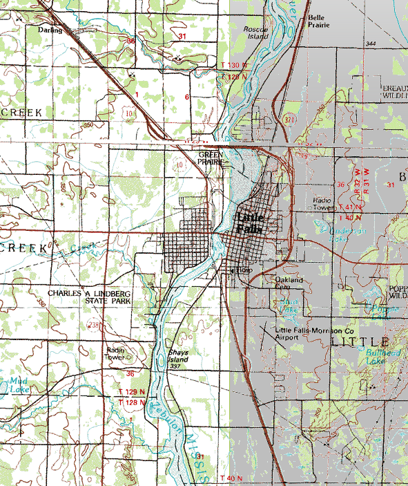 Topographic map of the Little Falls Minnesota area