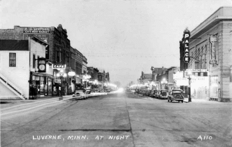 Main Street at night, Luverne Minnesota, 1938