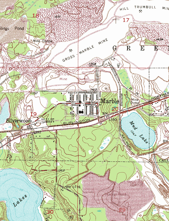 Topographic map of the Marble Minnesota area