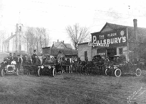 Auto and horse livery in Mazeppa Minnesota, 1910