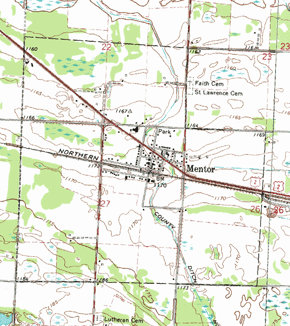 Topographic map of the Mentor Minnesota area