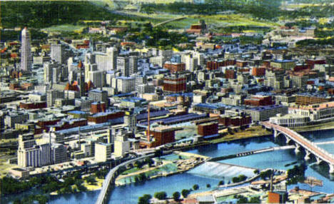 Mississippi River, Milling District and Downtown Minneapolis Minnesota, 1942