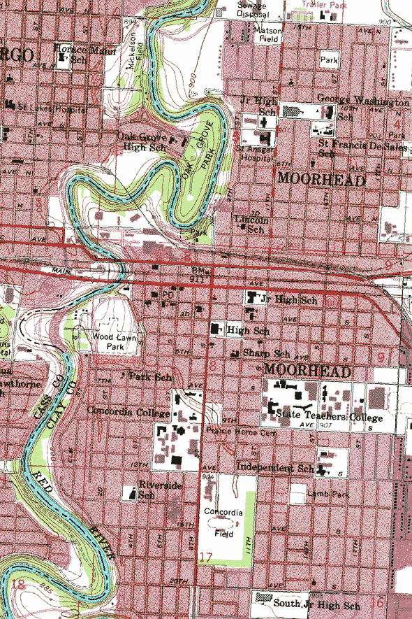 Topographic map of the Moorhead Minnesota area