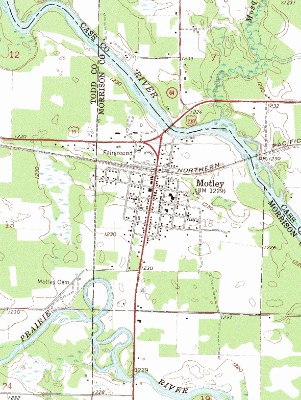 Topographic map of the Motley Minnesota area
