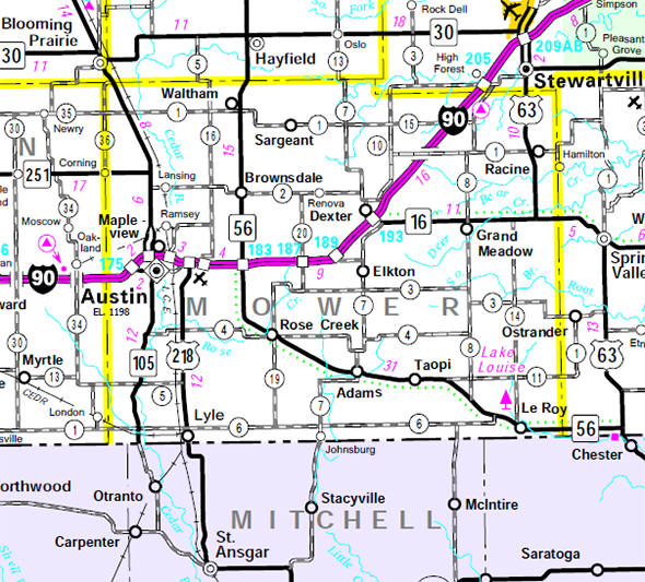 Minnesota State Highway Map of the Mower County Minnesota area