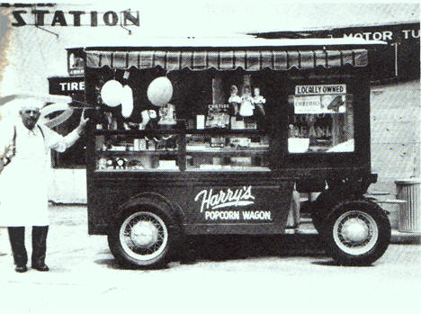 Harry Corwin Sr. in 1952 with his popcorn wagon.